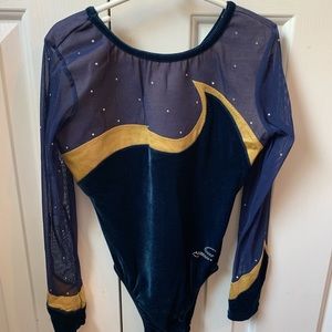Gymnastics Velvet Mesh Blue & Gold Rhinestoned Leo